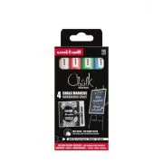 Set 4x Marker cu creta UNI Chalk PWE-5M ASSF15, 1.8-2.5mm, albastru, verde, rosu, alb