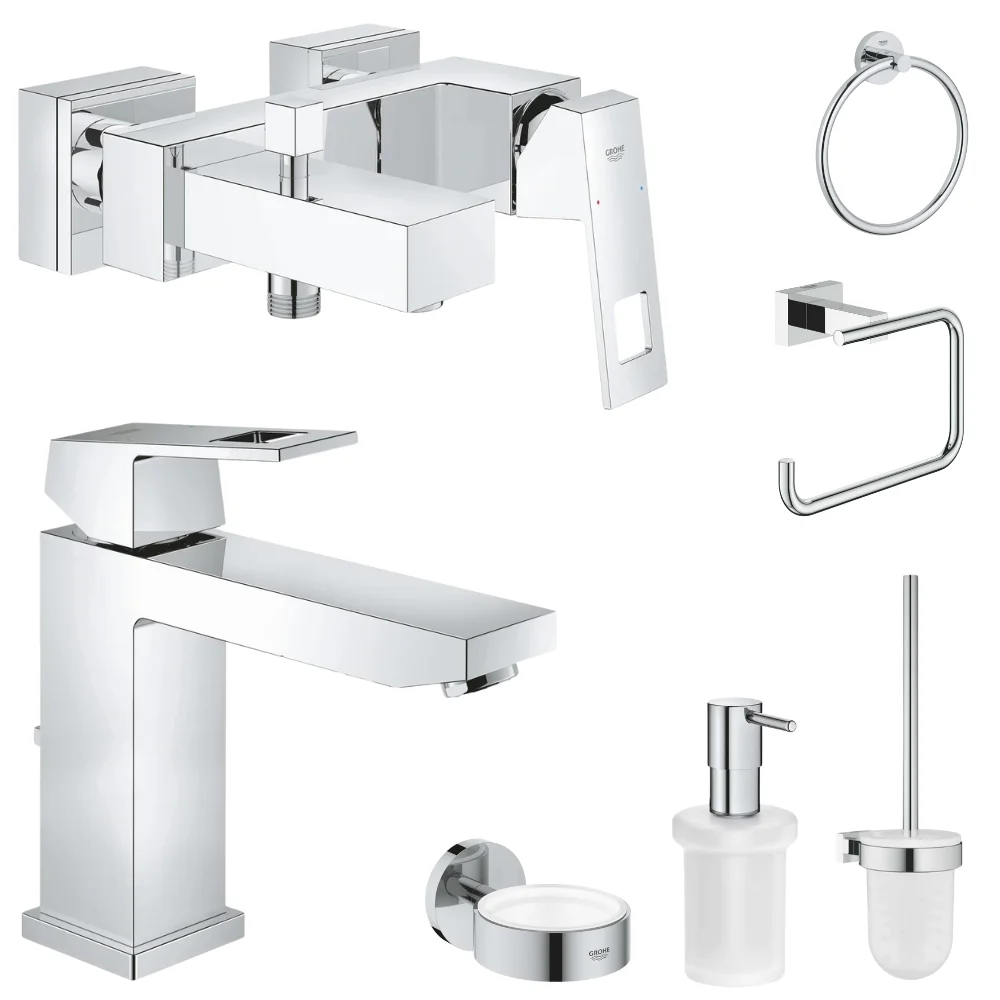 Set baterie cada si baterie lavoar Grohe Eurocube cu accesorii baie Grohe Essentials, crom lucios