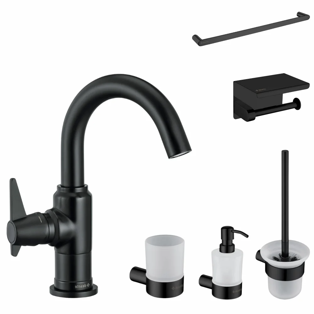 Set baterie lavoar Deante Temisto si accesorii baie Deante Round, negru mat