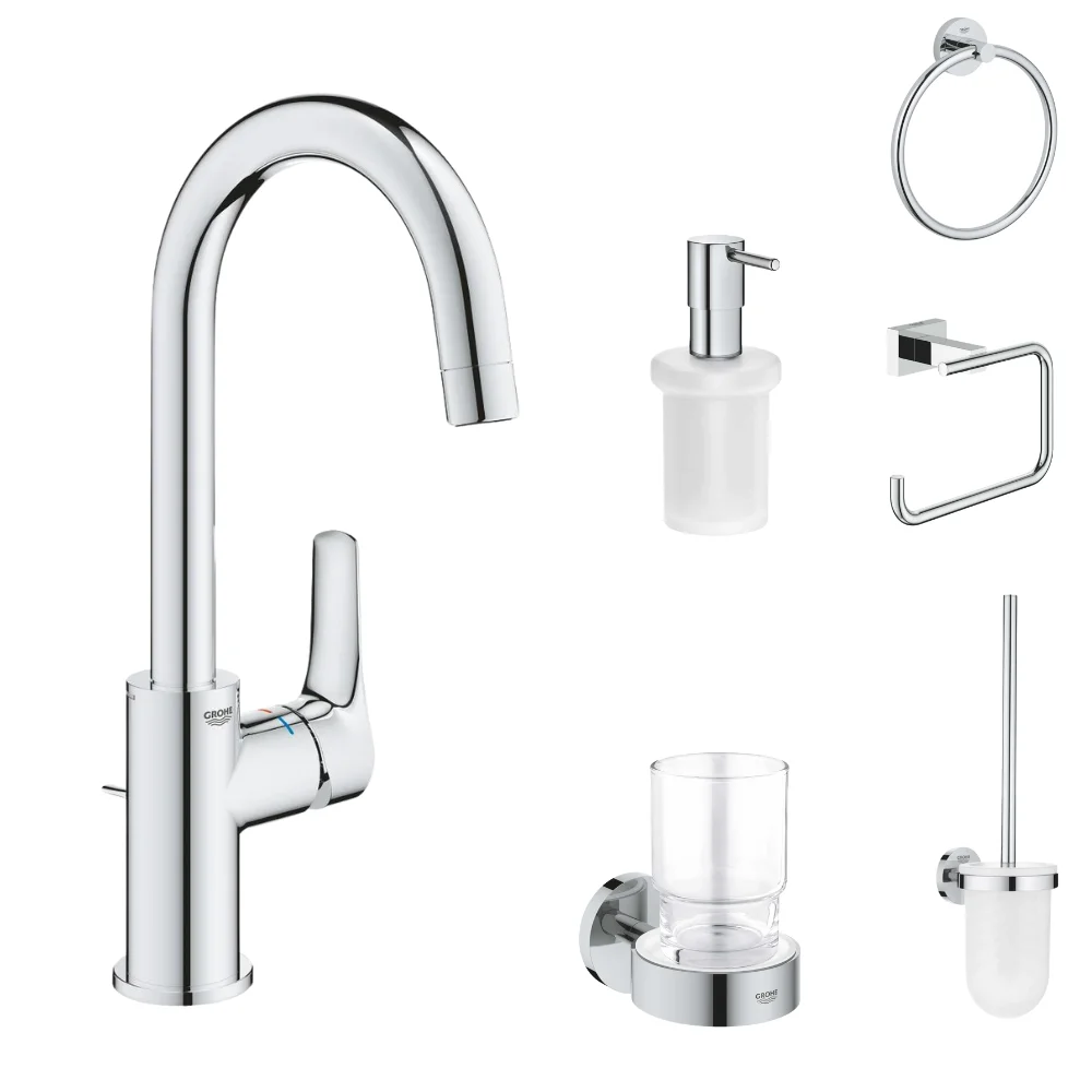 Set baterie lavoar Grohe Eurosmart New si accesorii baie Grohe Essentials, crom