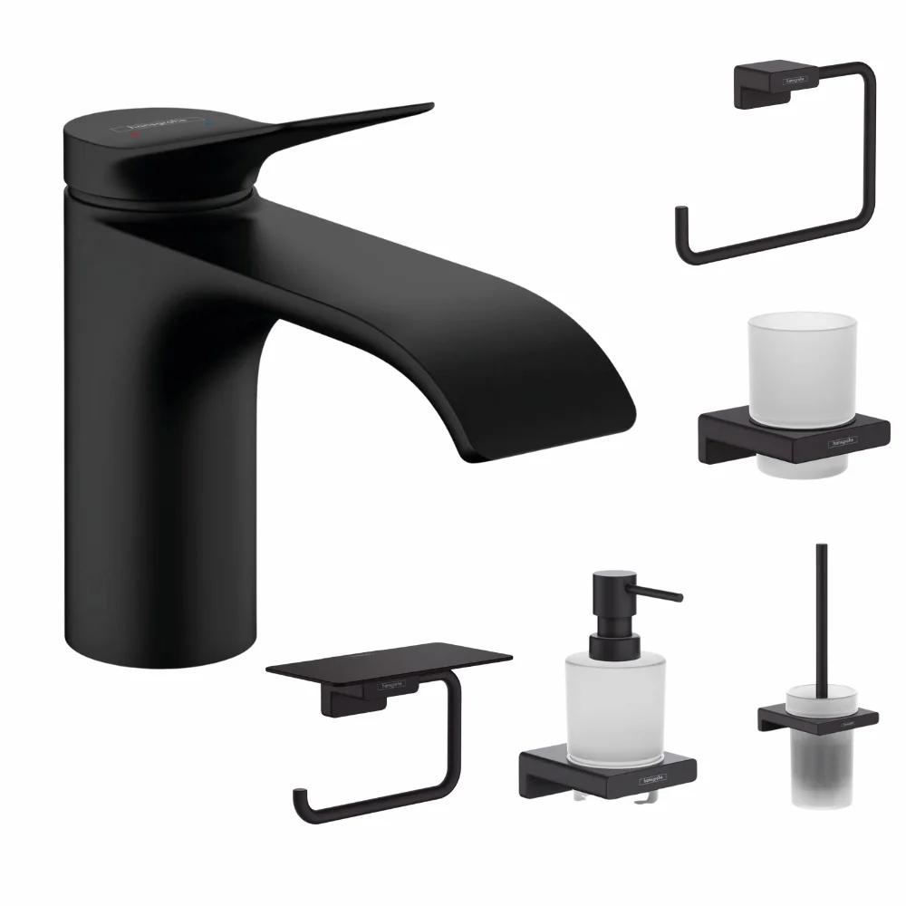 Set baterie lavoar Hansgrohe Vivenis si accesorii baie Hansgrohe AddStoris, negru