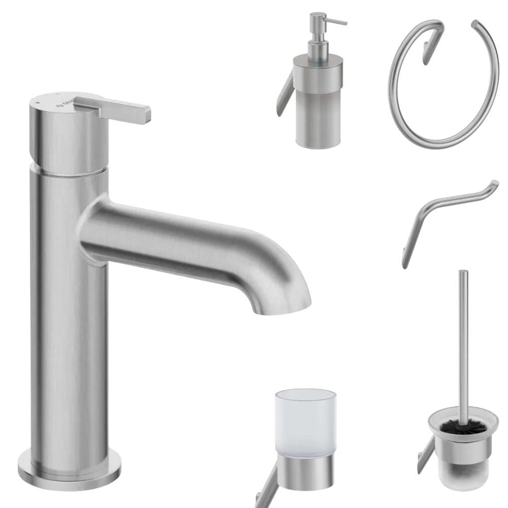 Set baterie lavoar si accesorii baie Deante Silia, otel slefuit