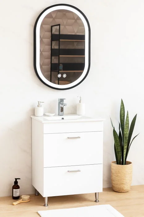 Set Baza cu Lavoar si Oglinda cu iluminare LED, seria 067, cu sertare, 50 cm, alb