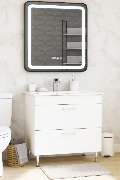 Set Baza cu Lavoar si Oglinda cu iluminare LED, seria 067, cu sertare, 70 cm, alb