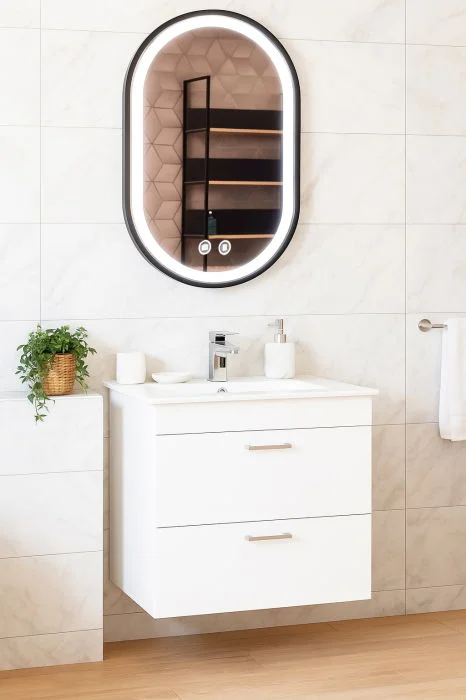 Set Baza cu Lavoar si Oglinda cu iluminare LED, seria 067, suspendata cu sertare, 50 cm, alb