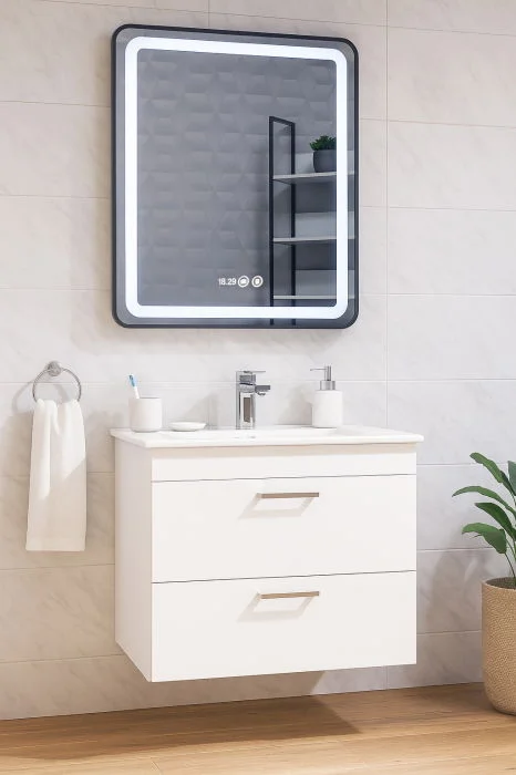 Set Baza cu Lavoar si Oglinda cu iluminare LED seria 067, suspendata cu sertare, 70 cm, alb