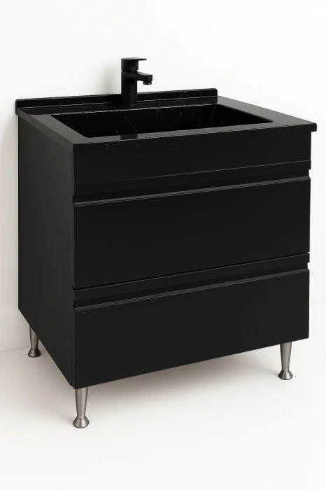 Set Baza front MDF si Lavoar granit seria 486, cu sertare, 80 cm, negru