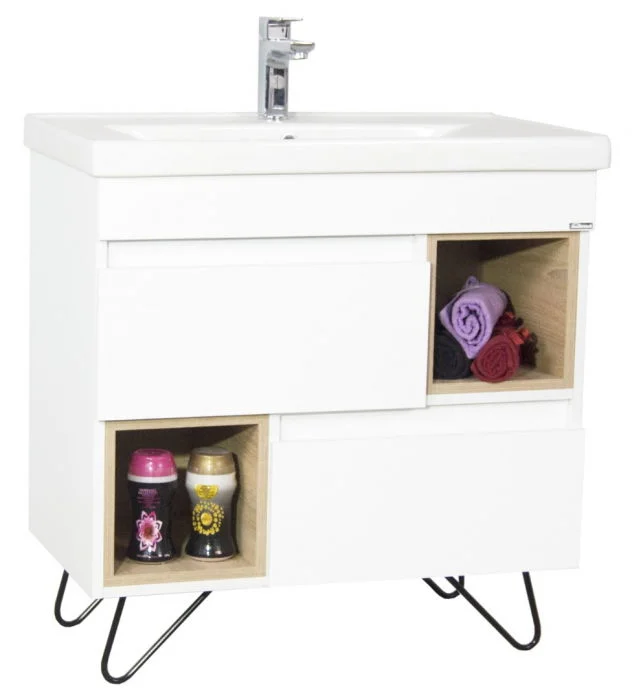 Set Baza front MDF si Lavoar seria 760, cu picioare metalice, 80 cm, alb + sonoma