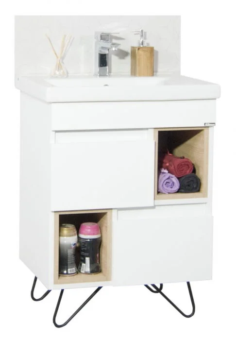 Set Baza front MDF si Lavoar seria 760, picioare metalice, 60 cm, alb + sonoma