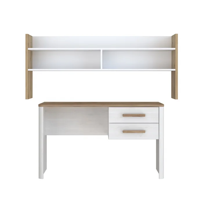 Set Birou RAMIRO, cu 2 sertare 125x60x74 cm + etajera birou RAMIRO, cu spatii depozitare, 140x26x60 cm, alb + stejar Artisan