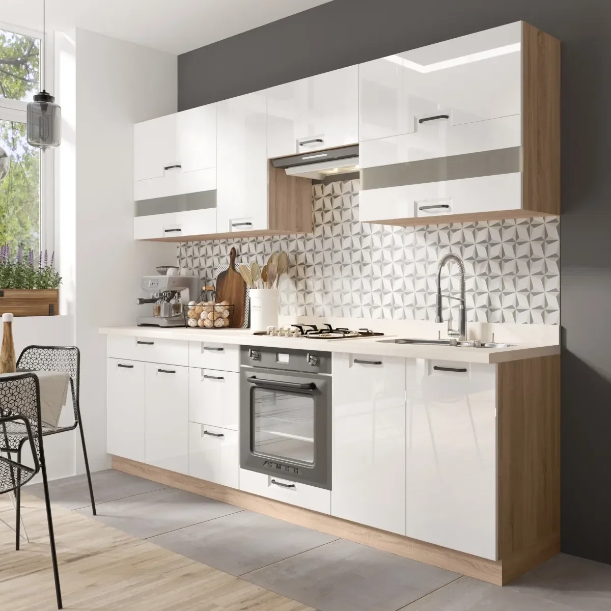 Set Bucatarie FAVORIT A Plus, L 270, 8 corpuri, fara blat termorezistent, corp sonoma, fronturi alb lucios