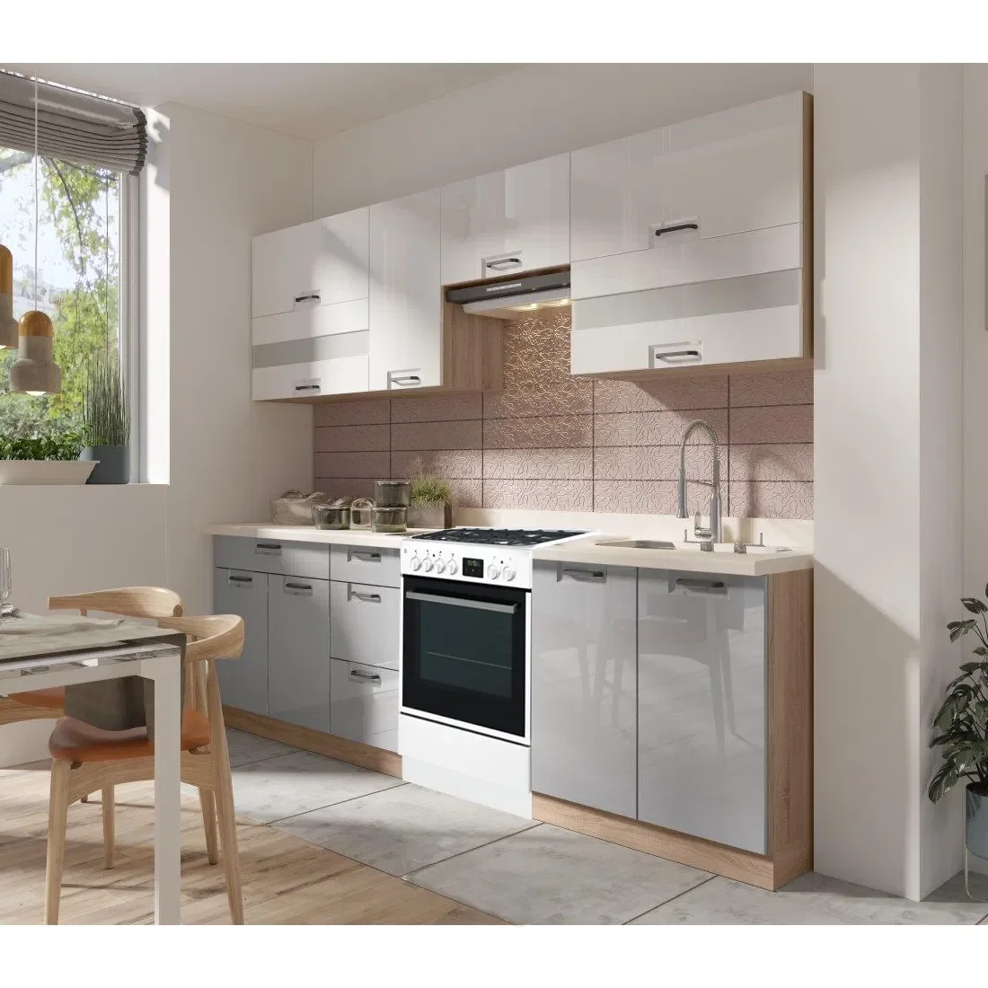 Set Bucatarie FAVORIT B Plus, L 270, 7 corpuri, fara blat termorezistent, corp sonoma, fronturi corpuri superioare alb lucios + fronturi corpuri inferioare latte lucios