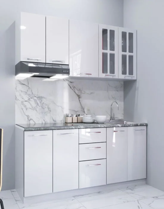 Set bucatarie IRIS 160 cm, 6 corpuri, blat termorezistent, fronturi MDF, alb