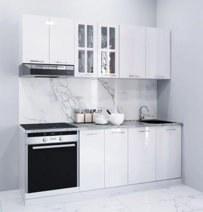 Set bucatarie IRIS 200 cm, 6 corpuri, blat termorezistent, fronturi MDF, alb
