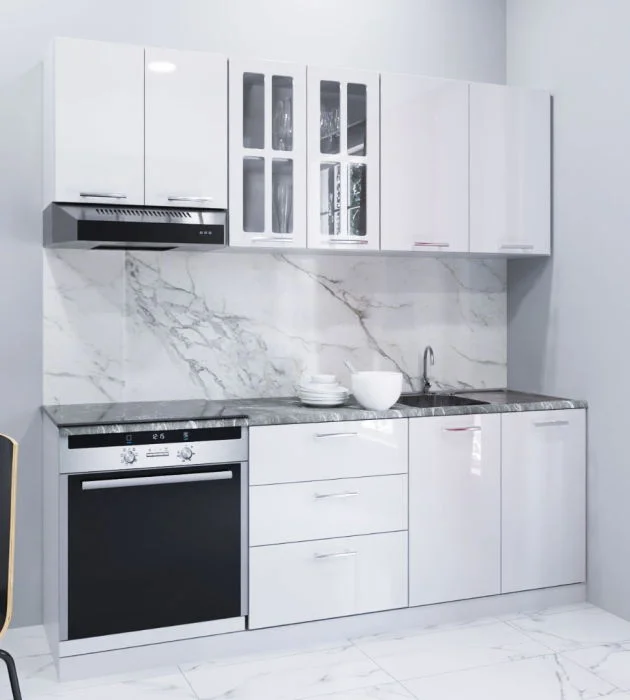 Set bucatarie IRIS 200 cm, 6 corpuri, cu sertare, blat termorezistent, fronturi MDF, alb