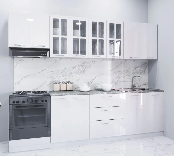 Set bucatarie IRIS 260 cm, 7 corpuri, blat termorezistent, fronturi MDF, alb