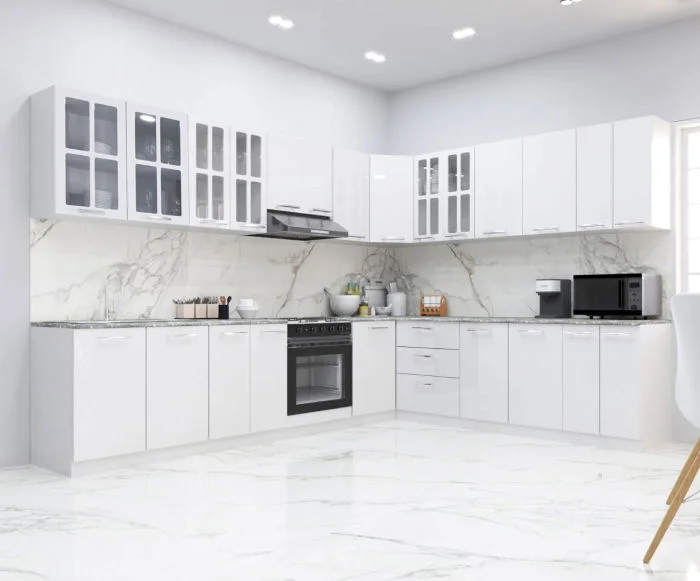 Set bucatarie IRIS COLT 300x250 cm, 15 corpuri, blat termorezistent, fronturi MDF, alb