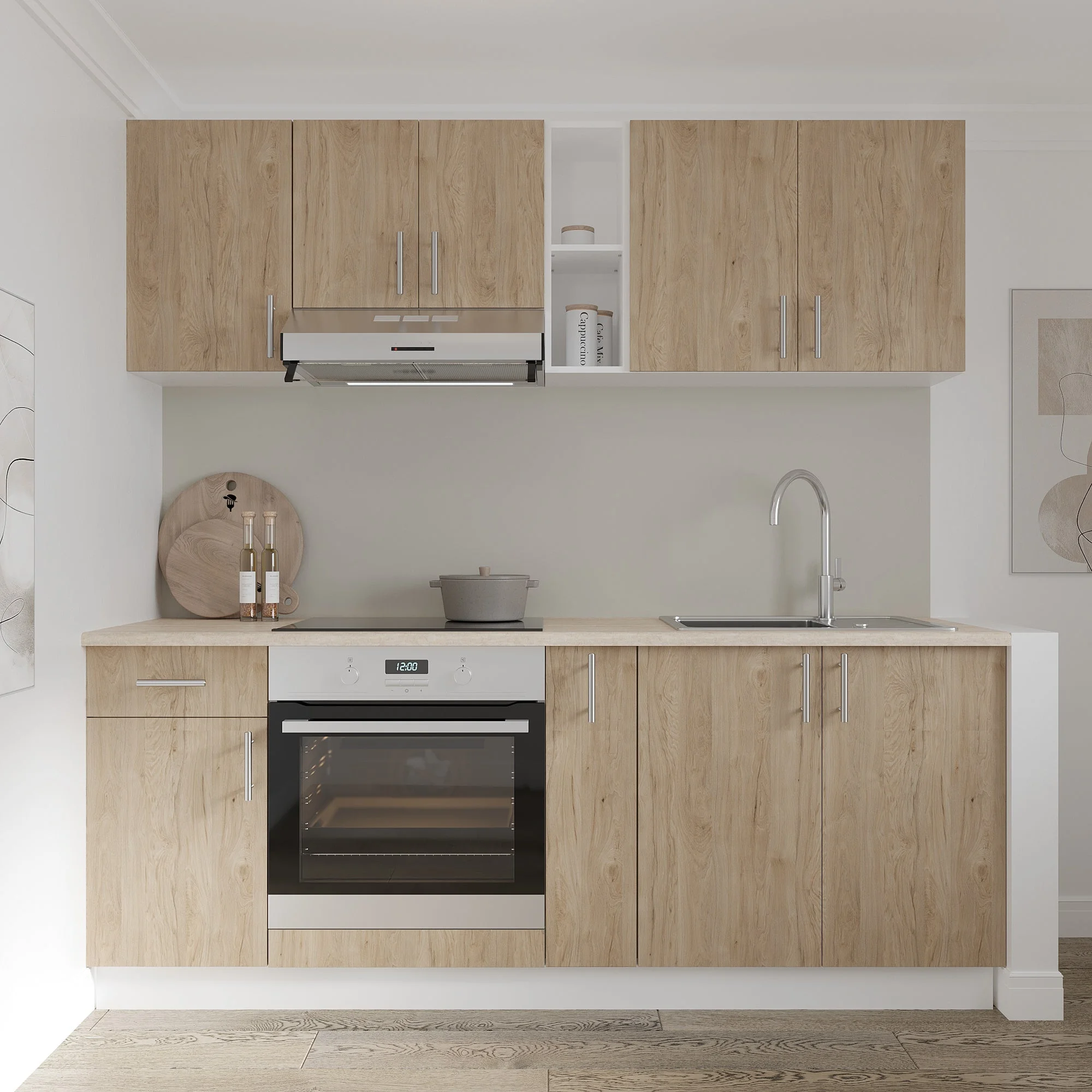 Set Bucatarie Karo V11, Lemn Natural/Alb, Blat Thermo 28 mm, L 200 cm