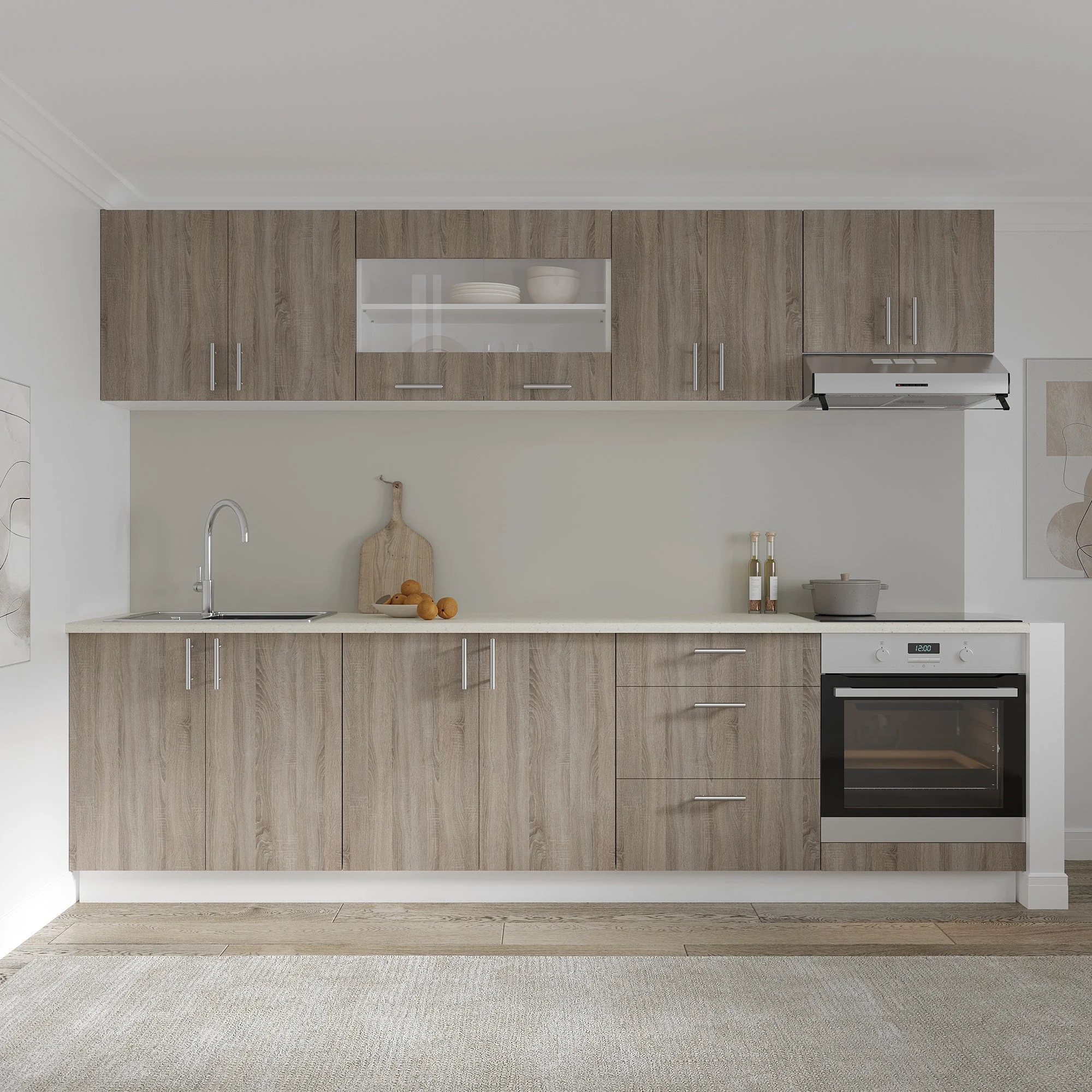 Set Bucatarie Karo V22, Stejar Sonoma Inchis/Alb, Blat Thermo 28 mm, L 280 cm