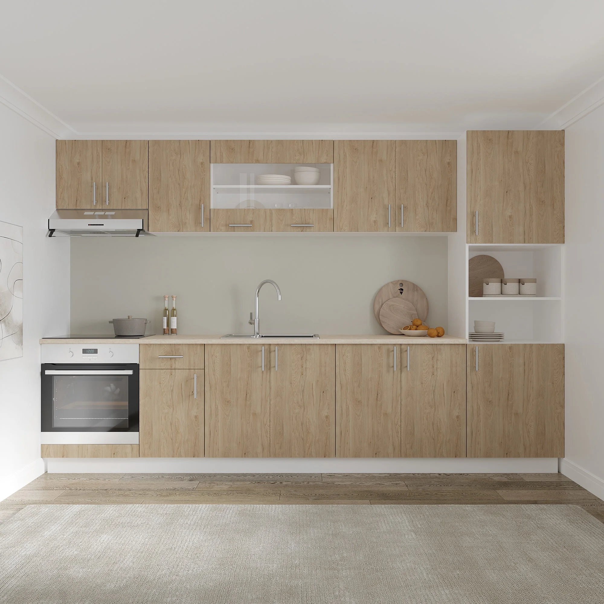 Set Bucatarie Karo V30, Lemn Natural/Alb, Blat Thermo 28 mm, L 320 cm