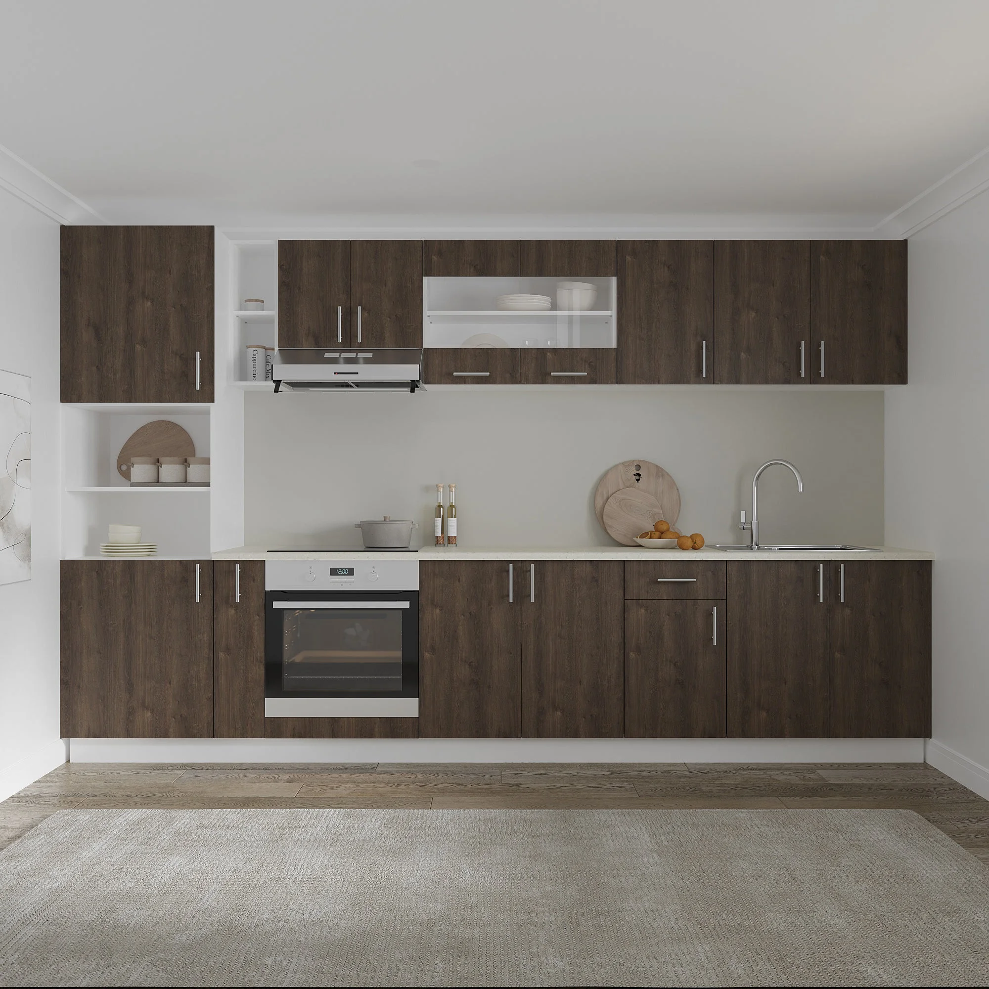 Set Bucatarie Karo V33, Stejar Bronz/Alb, Blat Thermo 28 mm, L 340 cm