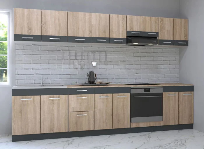 Set bucatarie SARONA 300 cm, 10 corpuri, blat PAL, sonoma + antracit