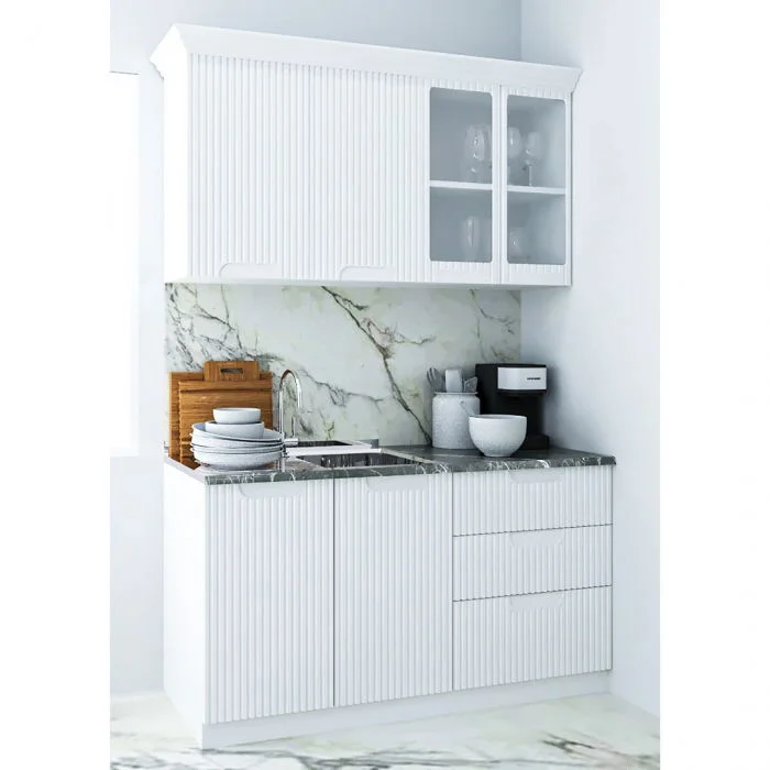 Set bucatarie SPACE 140 cm, 4 corpuri, cu sertare, blat termorezistent, fronturi MDF, alb rustic