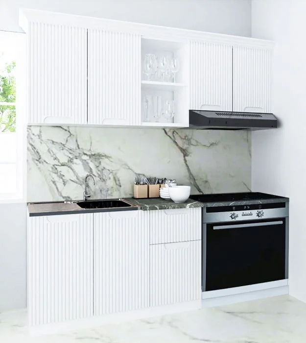 Set bucatarie SPACE 180 cm, 4 corpuri, blat termorezistent, fronturi MDF, alb rustic