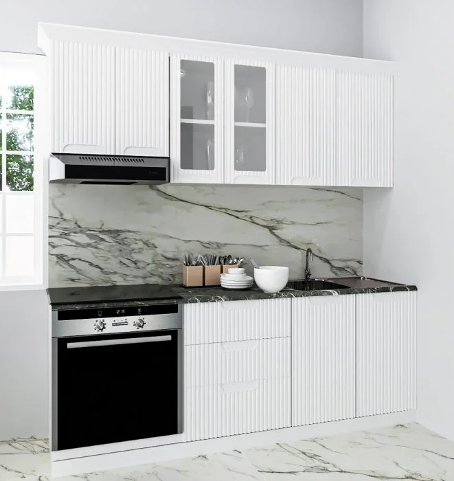 Set bucatarie SPACE 200 cm, 6 corpuri, corp cuptor, cu sertare, blat termorezistent, fronturi MDF, alb rustic