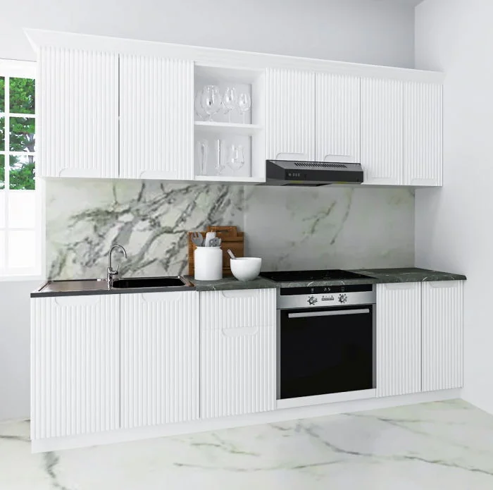 Set bucatarie SPACE 240 cm, 6 corpuri, corp cuptor, blat termorezistent, fronturi MDF, alb rustic