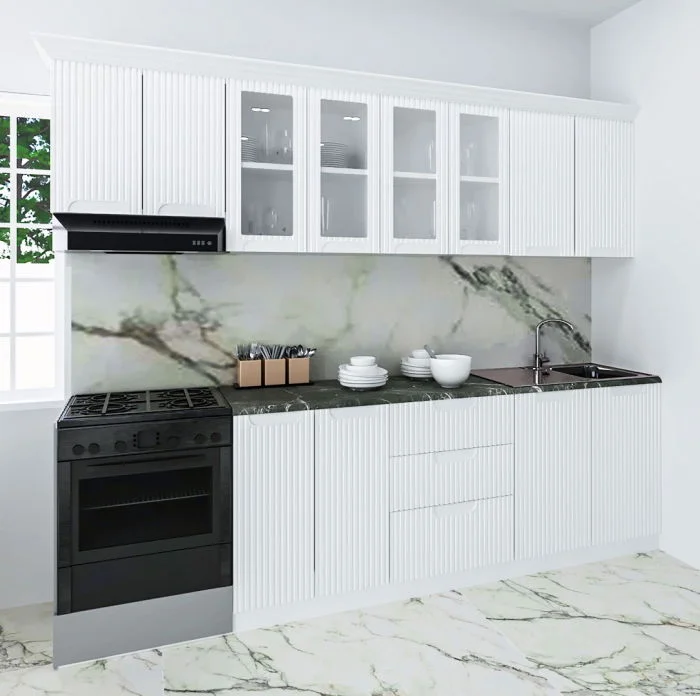 Set bucatarie SPACE 260 cm, 7 corpuri, blat termorezistent, fronturi MDF, alb rustic