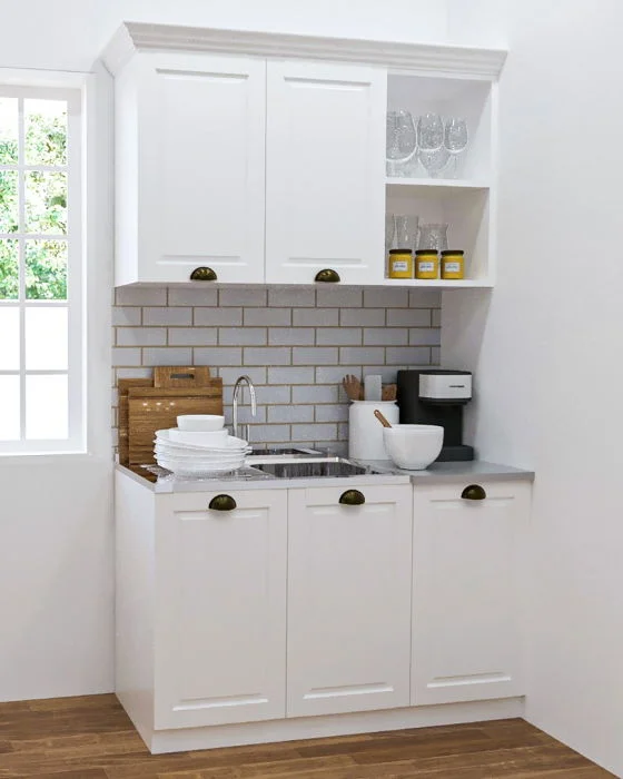 Set bucatarie SQUARE 120 cm, 2 corpuri, blat termorezistent, fronturi MDF, alb antichizat