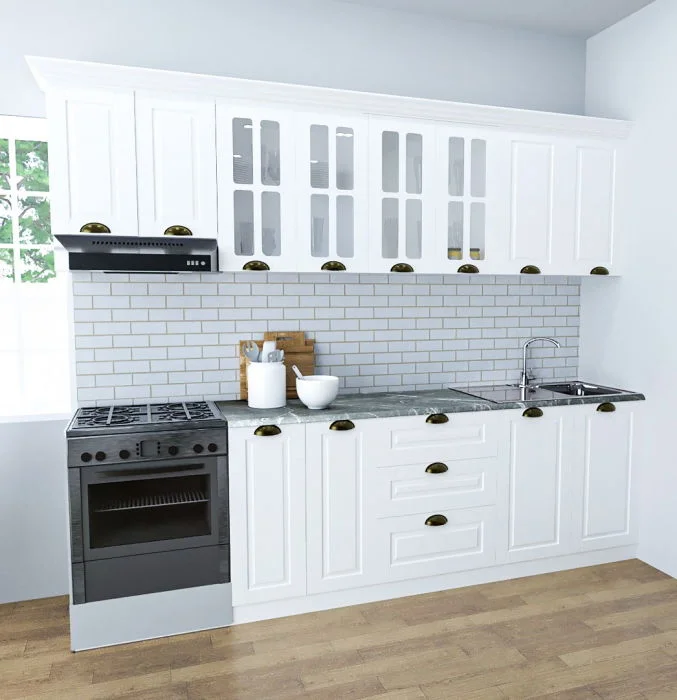 Set bucatarie SQUARE 260 cm, 7 corpuri, blat termorezistent, fronturi MDF, culoare alb rustic