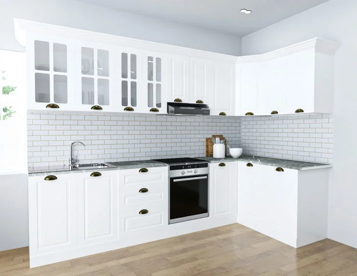 Set bucatarie SQUARE COLT 300x140 cm, 11 corpuri, blat termorezistent, fronturi MDF, alb rustic