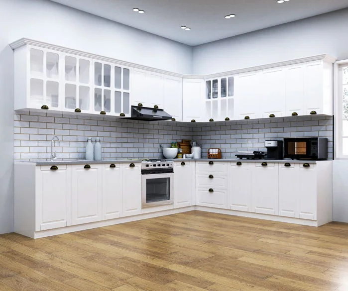 Set bucatarie SQUARE COLT 300x250 cm, 15 corpuri, blat termorezistent, fronturi MDF, alb rustic