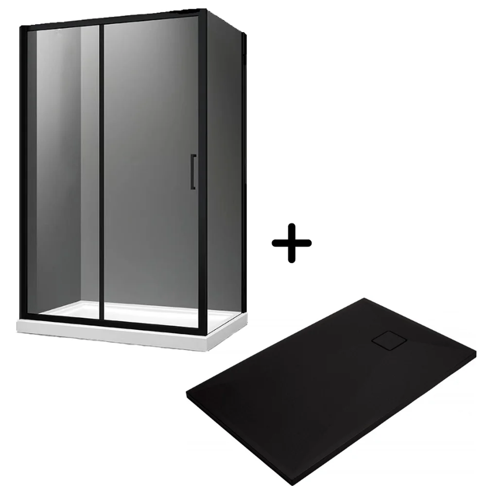 Set cabina dus neagra cu usa culisanta 120x90 cm plus cadita dus compozit Deante, Correo