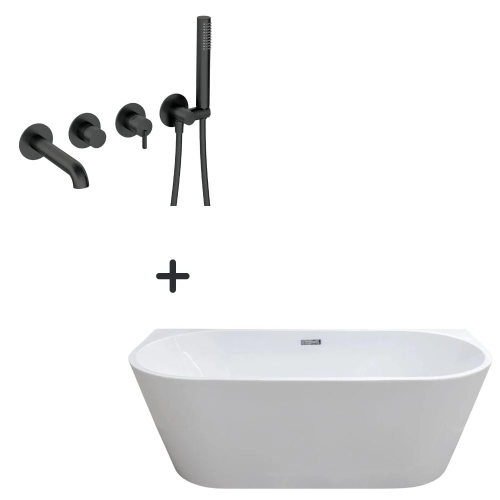 Set cada baie freestanding, lipita de perete, Foglia Mara, 170x80 cm si baterie incastrata negru mat, Deante Silia