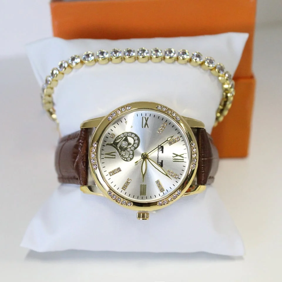 Set ceas elegant Waterproof Matteo Ferari, curea din piele ecologica si bratara asortata, One Heart, Maro/Auriu