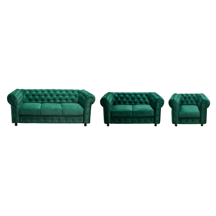 Set CHESTERFIELD 3-2-1, canapea fixa 3 locuri, canapea fixa 2 locuri si 1 fotoliu fix, verde