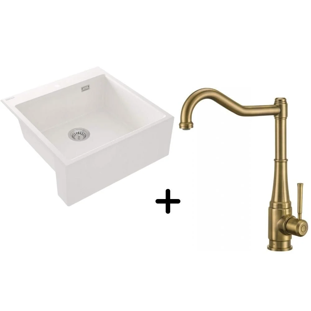 Set chiuveta bucatarie alba farmhouse Eridan plus baterie bucatarie antichizata Tamizo