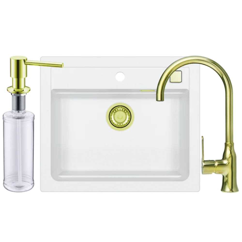 Set chiuveta bucatarie compozit Atrox 30 alba, baterie auriu lucios, sifon si dozator Alveus