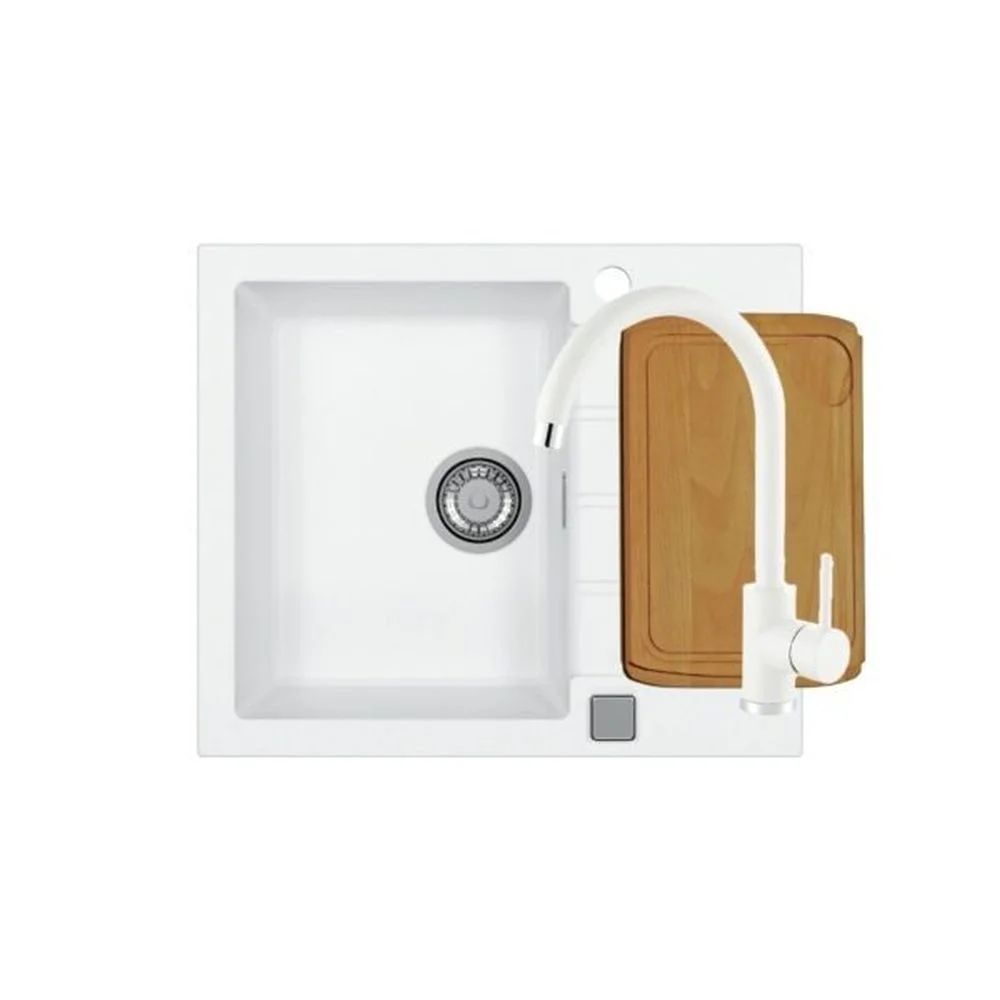 Set chiuveta bucatarie compozit Cadit 10 alba, baterie bucatarie Kati alba si tocator lemn