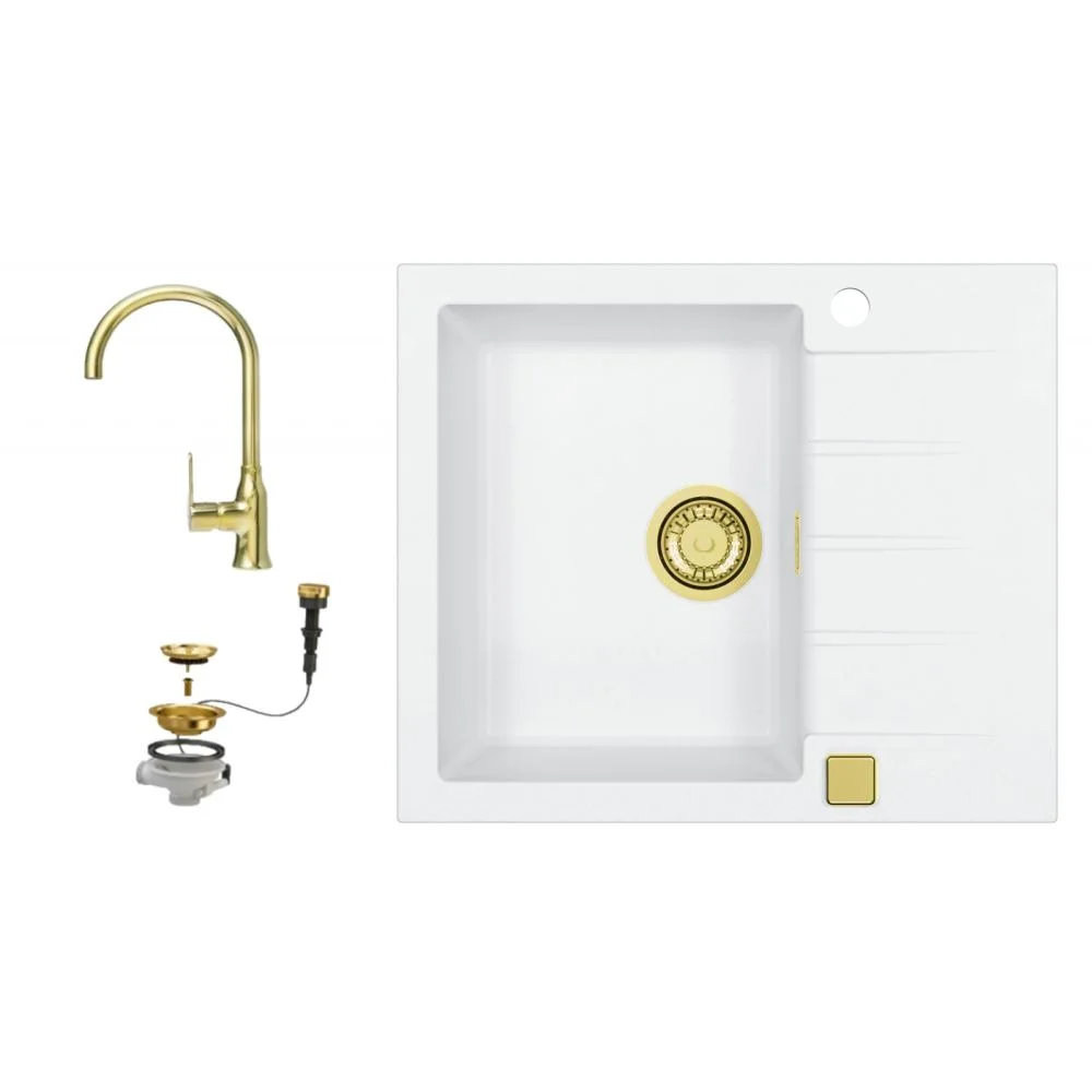 Set chiuveta bucatarie compozit Cadit 10 alba si baterie bucatarie Lola aurie