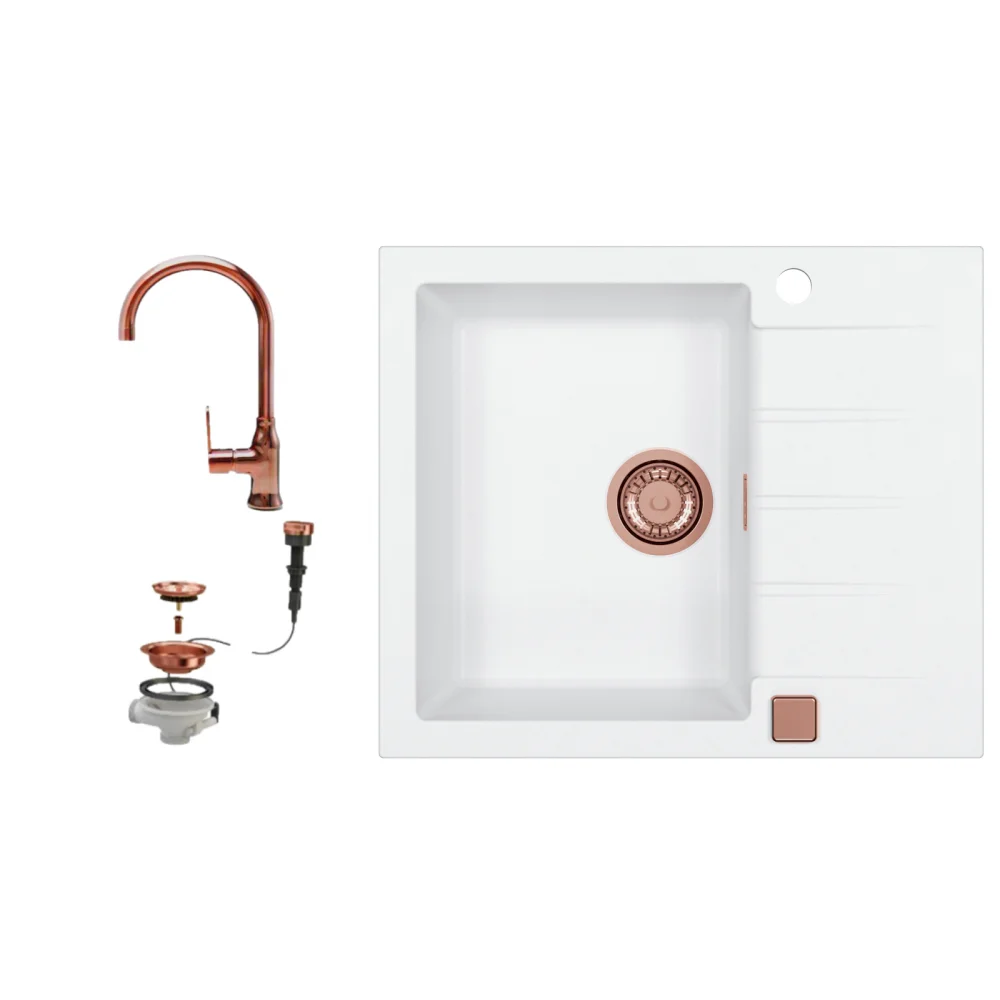 Set chiuveta bucatarie compozit Cadit 10 alba si baterie bucatarie Lola cupru