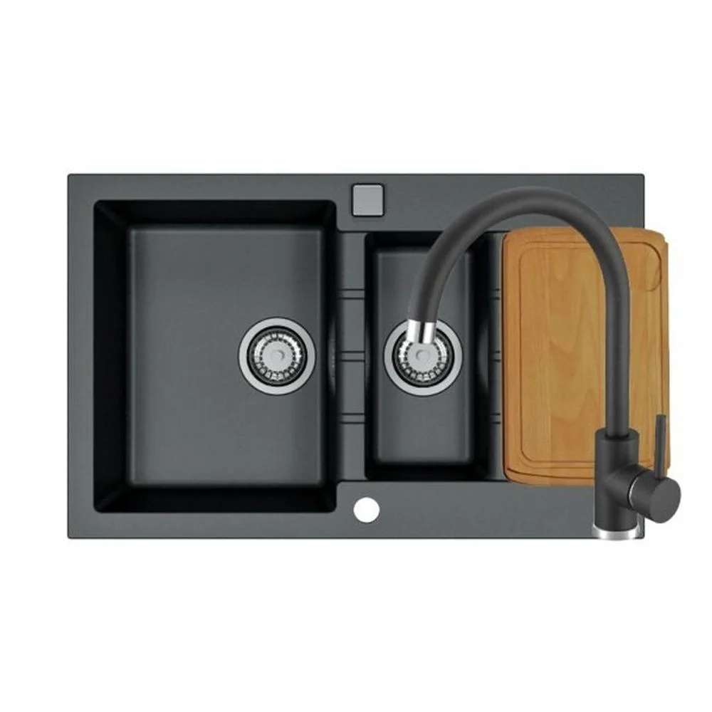 Set chiuveta bucatarie compozit Cadit 70 neagra, baterie bucatarie Kati neagra si tocator lemn