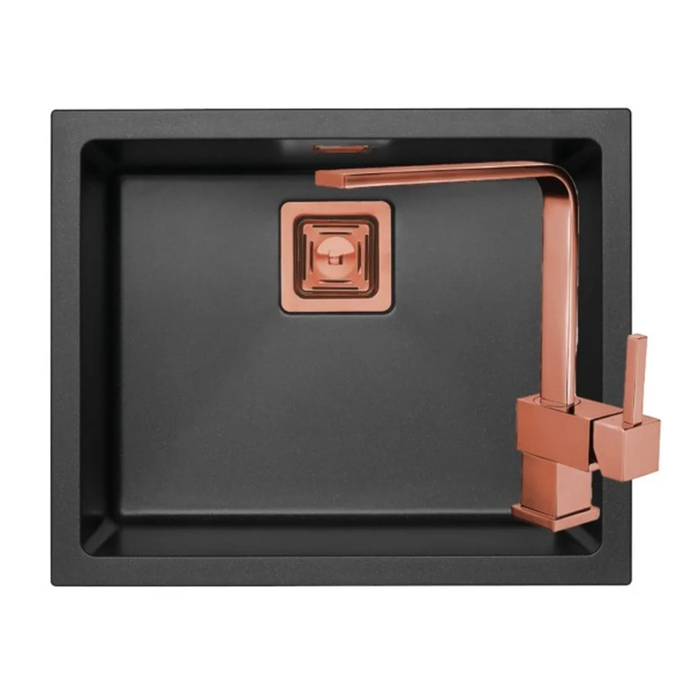 Set chiuveta bucatarie compozit Quadrix 50 neagra si baterie bucatarie Laguna Monarch cupru