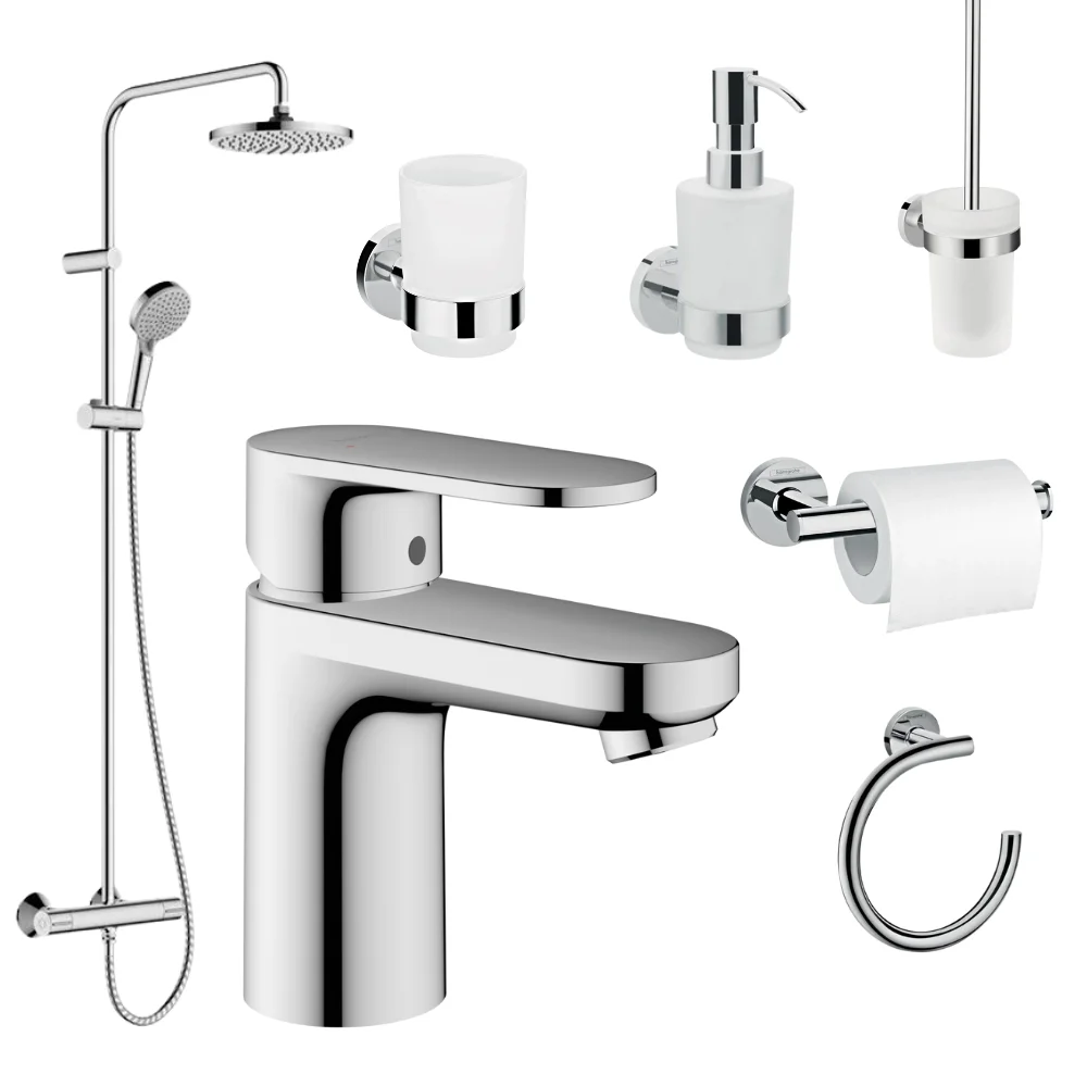 Set coloana dus si baterie lavoar Hansgrohe Vernis Blend si accesorii baie Hansgrohe Logis, crom