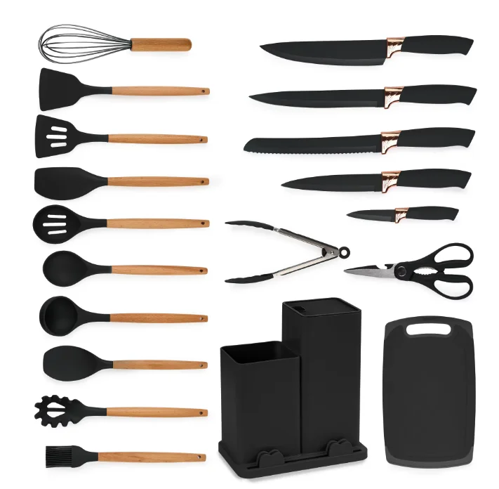 Set de 19 piese NEGRE ustensile de bucatarie cu tocator si suport depozitare inclus NEGRE