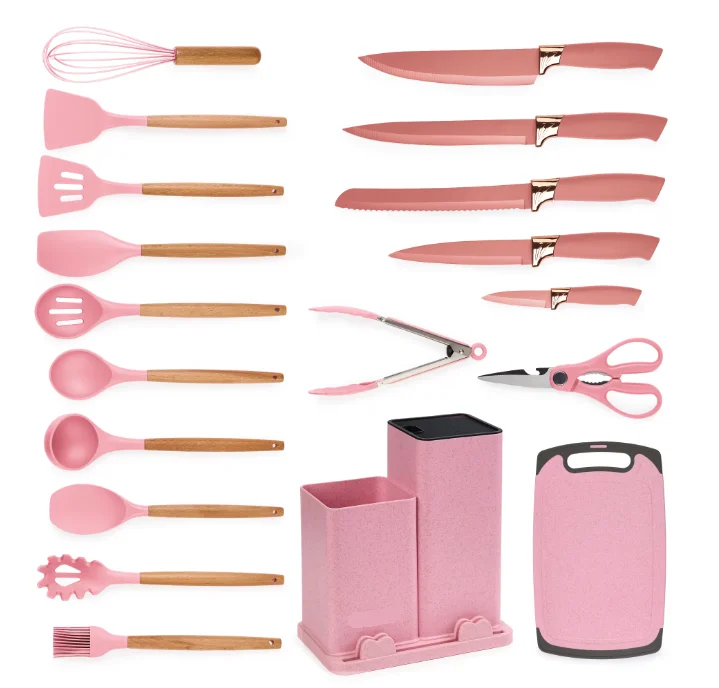 Set de 19 piese ROZ ustensile de bucatarie cu tocator si suport depozitare inclus ROZ