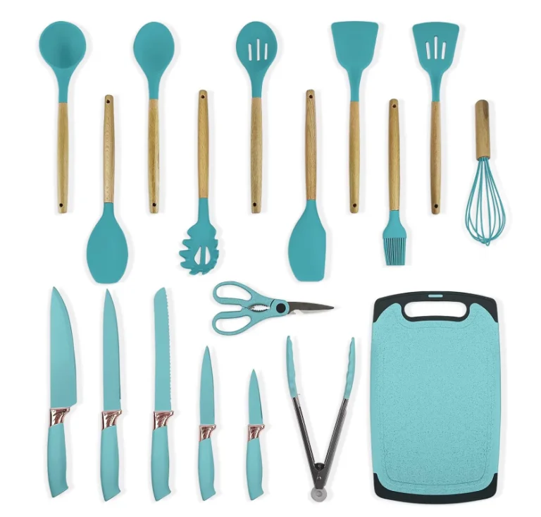Set de 19 piese VERDE TURCOAZ ustensile de bucatarie cu tocator si suport depozitare inclus VERDE-TURCOAZ